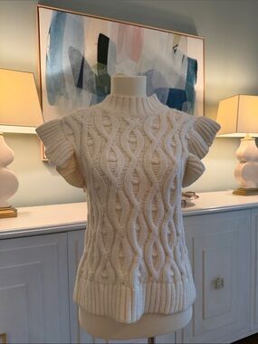 Cable-Knit Ruffle Sleeve Crewneck Sweater - Cream